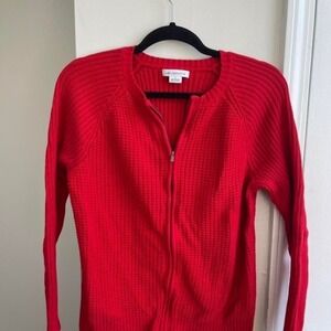 Liz Claiborne Cardigan Womens L Red Waffle Knit Full Zip Cotton Sweater
